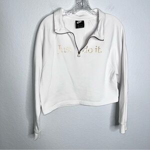 Nike Sweater Women Small Just Do It White Gold 1/2 Zip Crop Sweatshirt Athletic